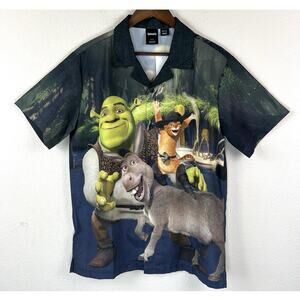 Shrek Graphic Button Up Shirt M/ Y2K Movie All Over Print DreamWorks Mens
